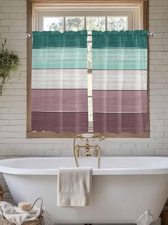 Retro Farm Woodcuts Texture Window Valance Curtains, Green Brown Gradient Light Filtering Kitchen Valance with 3-inch Rod Pocket for Living Room Bathroom Bedroom,2 Panel,52x54In