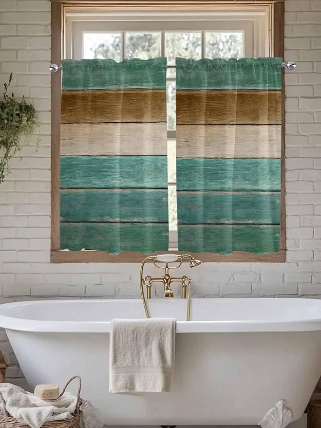 Vintage Plank Turquoise Brown Window Valance Curtains, Farmhouse Wood Grain Light Filtering Kitchen Valance with 3-inch Rod Pocket for Living Room Bathroom Bedroom,2 Panel,52x45In
