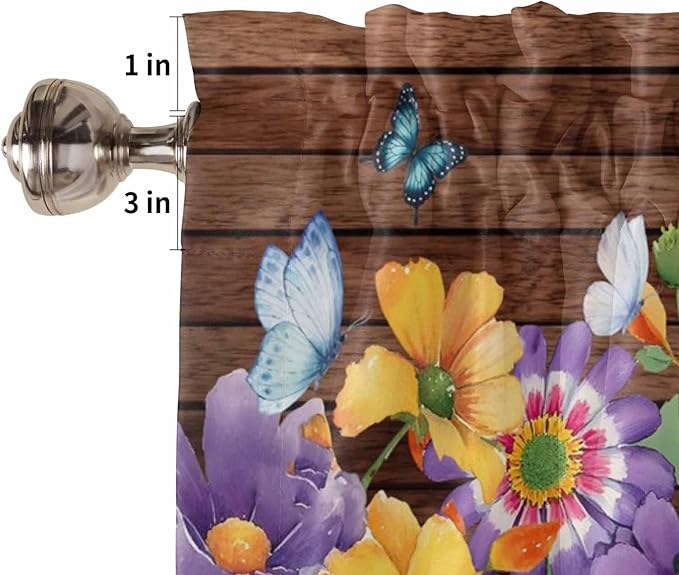 Spring Flowers Tier Curtains 45 Inches Long, Watercolor Farmhouse Colorful Wooden Grain Window Treatment Curtain Drapes, Small Curtain Drapes for Bathroom Laundry Room, 27.5"x45", 2 Panels