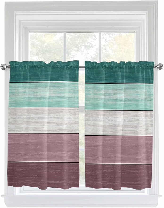Retro Farm Woodcuts Texture Window Valance Curtains, Green Brown Gradient Light Filtering Kitchen Valance with 3-inch Rod Pocket for Living Room Bathroom Bedroom,2 Panel,52x54In