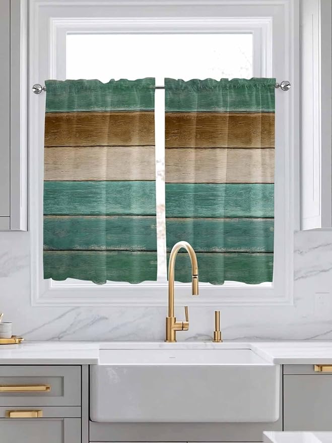 Vintage Plank Turquoise Brown Window Valance Curtains, Farmhouse Wood Grain Light Filtering Kitchen Valance with 3-inch Rod Pocket for Living Room Bathroom Bedroom,2 Panel,52x45In