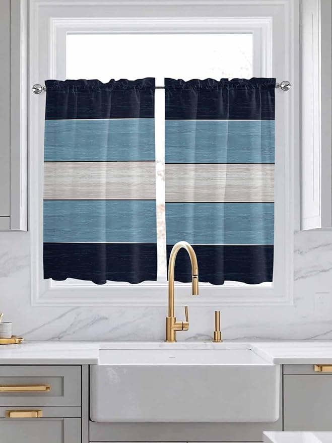 Vintage Country Woodcuts Window Valance Curtains, Blue Gradient Striped Light Filtering Kitchen Valance with 3-inch Rod Pocket for Living Room Bathroom Bedroom,2 Panel,42x54In