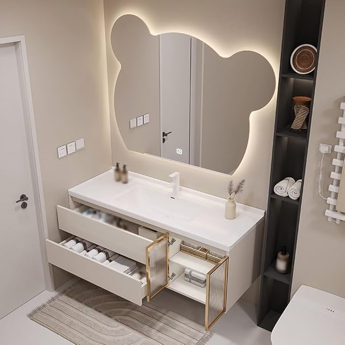 LTSRLL LED Vanity Mirror Cute Bear Decorative Mirror for Bathroom & Dressing Tabler Backlight Wall Mirror with 3 Color Dimmable Light Demister Pad Human Body Sensor Switch(Cut Right,60cmx75cm)