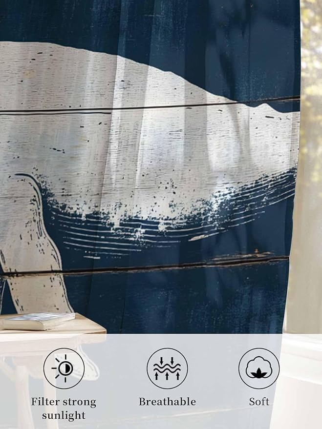 Sheer Curtains 45 Inch Length, Ocean Whale Blue Semi Sheer Curtains Light Filtering Window Treatment, Watercolor Coastal Vintage Wood Grain Privacy Voile Drapes for Living Room Bedroom 52x45 Inch