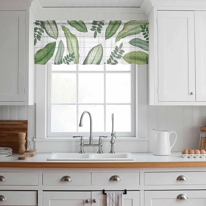 Summer Palm Leaf Sheer Valance Curtains, Green Tropical Plants Nature Leaves Wood Grain Light Filtering Kitchen Valances Rod Pocket Voile Curtain Treatment for Bedroom/Living Room/Basement 42Wx12L