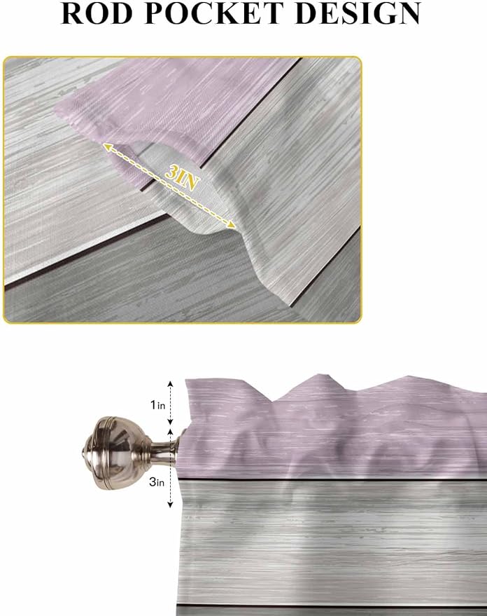 Country Wood Board Gray Purple Window Valance Curtains, Farmhouse Gradient Plank Light Filtering Kitchen Valance with 3-inch Rod Pocket for Living Room Bathroom Bedroom,2 Panel,27.5x24In