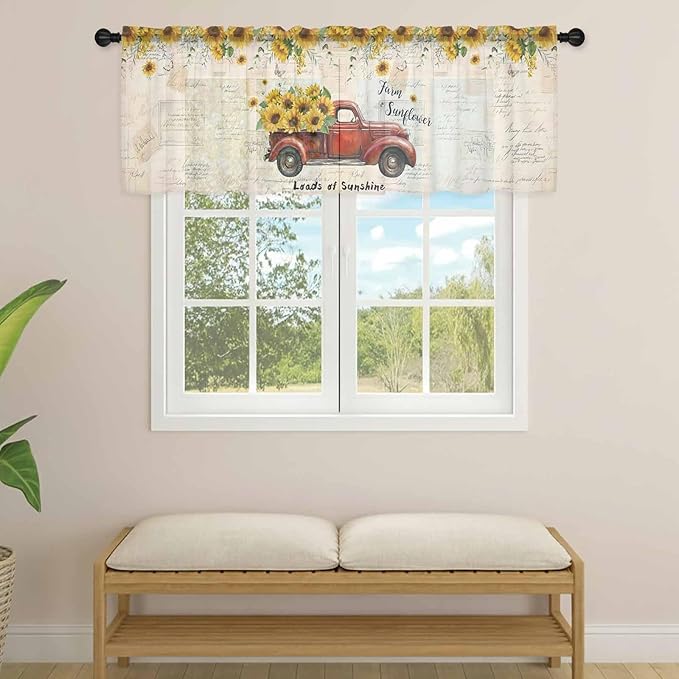 Farmhouses Sunflowers Sheer Valance Curtains, Retro Floral Leaves Red Truck Vintage Light Filtering Kitchen Valances Rod Pocket Voile Curtain Window Treatment for Bedroom/Living Room/Basement 54Wx18L