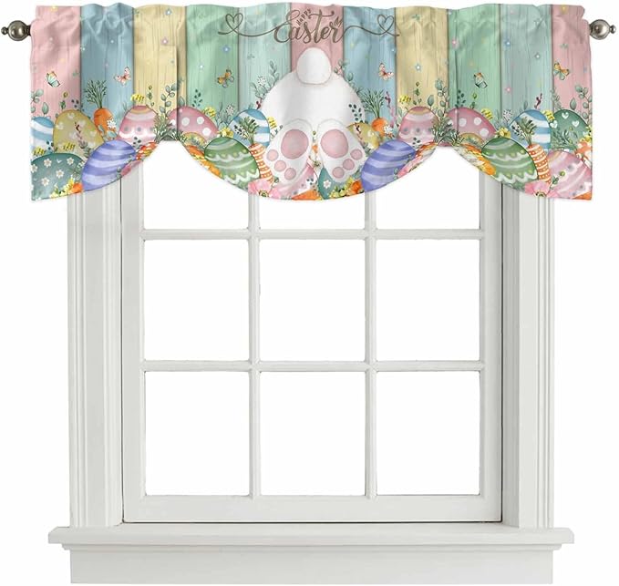 Easter Tie Up Valance Curtains for Windows, Kitchen Curtains Window Shades, Spring Rabbit Ears Foot Eggs Floral Wooden Grain Light Filtering Roman Curtain Valances for Bedroom/Bathroom/Cafe 60"x18"