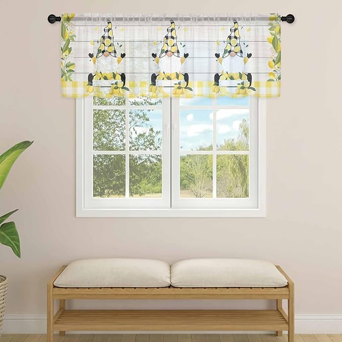 Lemon Dwarfs Sheer Valance Curtains, Gnome Green Leaf Wood Striped Black Plaid Light Filtering Kitchen Valances Rod Pocket Voile Curtain Window Treatment for Bedroom/Living Room/Basement 42Wx12L