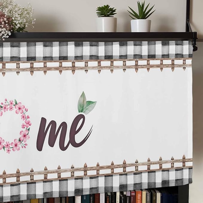 Spring Flowers Curtain Valances for Windows, Kitchen Valance Window Treatment, Watercolor Floral Leaf Black Plaid Light Filtering Block Curtains for Bathroom/Bedroom/Living Room 42'' x 12''