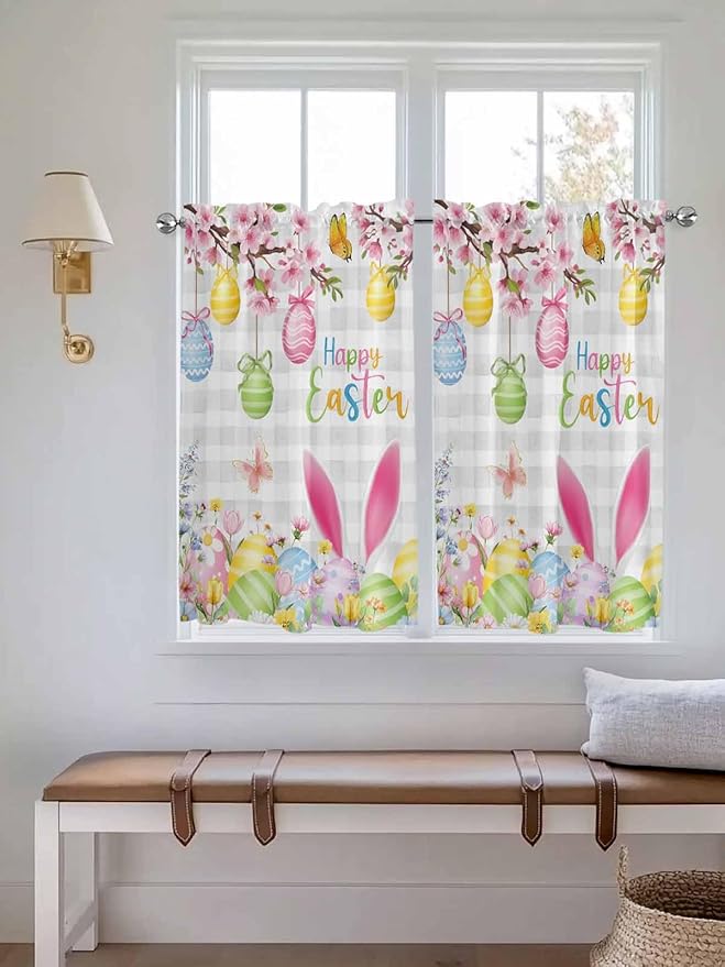 Happy Easter Tier Curtains 45 Inches Long, Spring Watercolor Bunny Eggs Flower Grey Plaid Window Treatment Curtain Drapes, Window Half Privacy Curtains for Bedroom Bathroom, 42"x45", 2 Panels