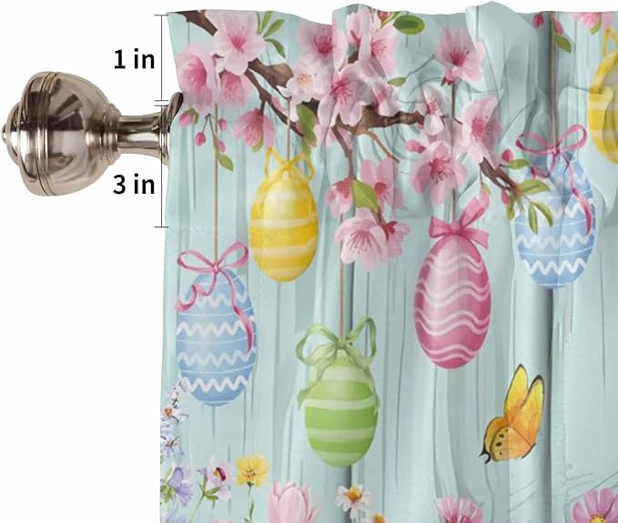 Happy Easter Half Window Curtain 36 Inches Long, Spring Bunny Eggs Flower Teal Wood Grain Window Treatment Curtain Drapes, Small Tier Curtains for Bathroom Over Sink, 27.5"x36", 2 Panels