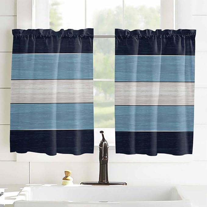 Vintage Country Woodcuts Window Valance Curtains, Blue Gradient Striped Light Filtering Kitchen Valance with 3-inch Rod Pocket for Living Room Bathroom Bedroom,2 Panel,27.5x45In