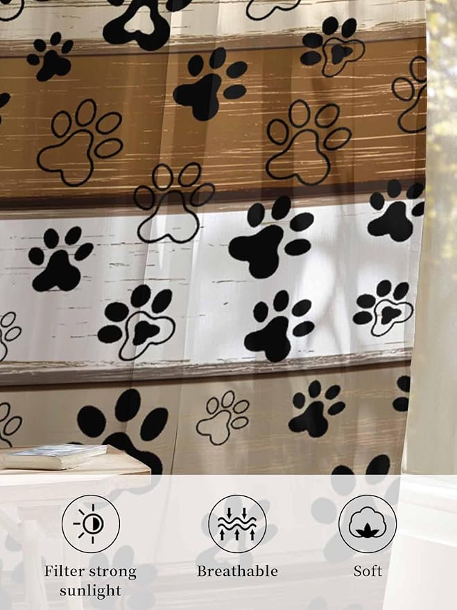 Sheer Curtains 54 Inch Length, Brown Beige Farmhouse Semi Sheer Curtains Light Filtering Window Treatment, Black Dog Paw Vintage Wooden Privacy Voile Drapes for Living Room Bedroom 52x54 Inch