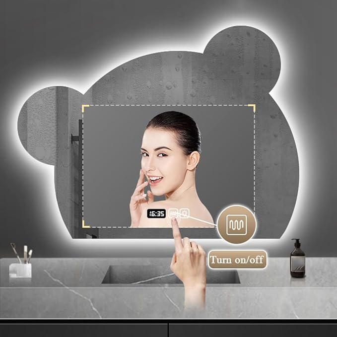 LTSRLL LED Vanity Mirror Cute Bear Decorative Mirror for Bathroom & Dressing Tabler Backlight Wall Mirror with 3 Color Dimmable Light Demister Pad Human Body Sensor Switch(Cut Left,80cmx95cm)