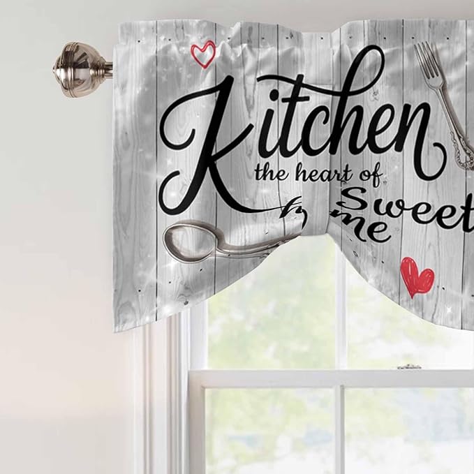 Kitchen Knife Fork Tie Up Valance Curtains for Windows, Kitchen Curtains Window Shades, Vintage Love Heart Grey Wood Grain Light Filtering Roman Curtain Valances for Bedroom/Bathroom/Cafe 42"x12"