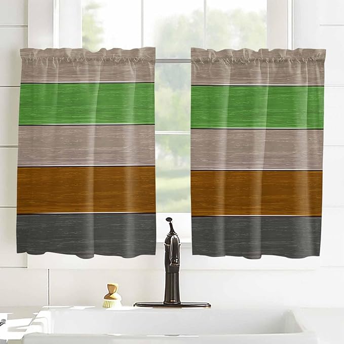 Farm Gray Green Brown Wood Grain Window Valance Curtains, Rustic Wooden Plank Light Filtering Kitchen Valance with 3-inch Rod Pocket for Living Room Bathroom Bedroom,2 Panel,42x54In