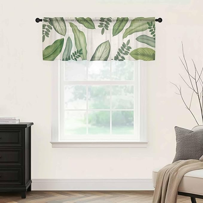 Summer Palm Leaf Sheer Valance Curtains, Green Tropical Plants Nature Leaves Linen Light Filtering Kitchen Valances Rod Pocket Voile Curtain Window Treatment for Bedroom/Living Room/Basement 60Wx18L