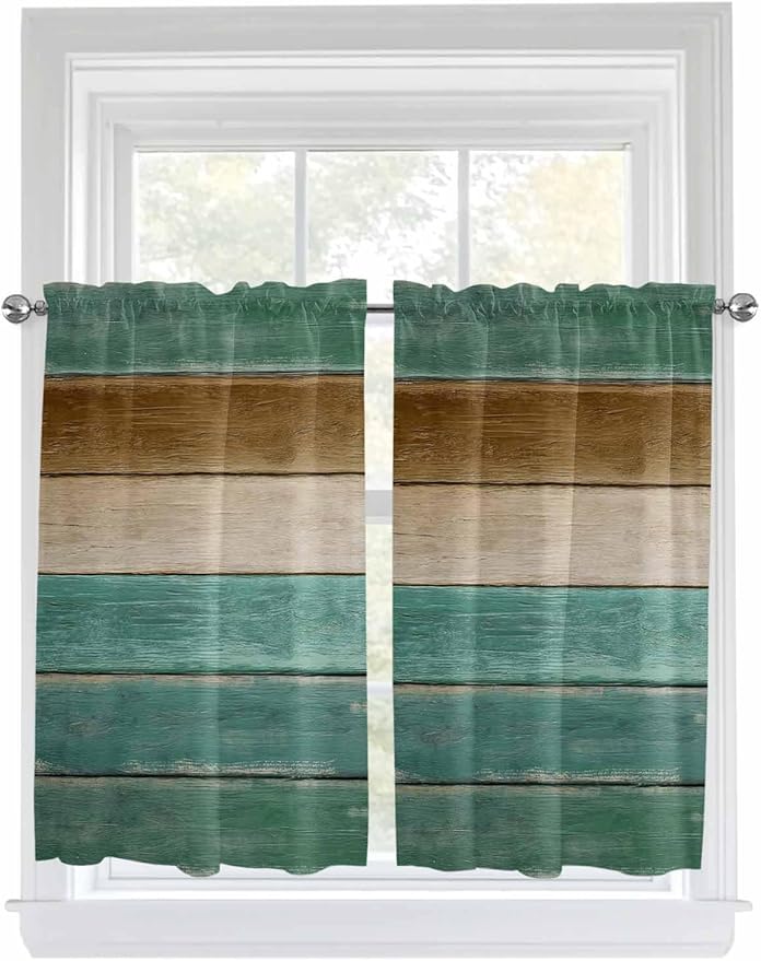 Vintage Plank Turquoise Brown Window Valance Curtains, Farmhouse Wood Grain Light Filtering Kitchen Valance with 3-inch Rod Pocket for Living Room Bathroom Bedroom,2 Panel,52x45In