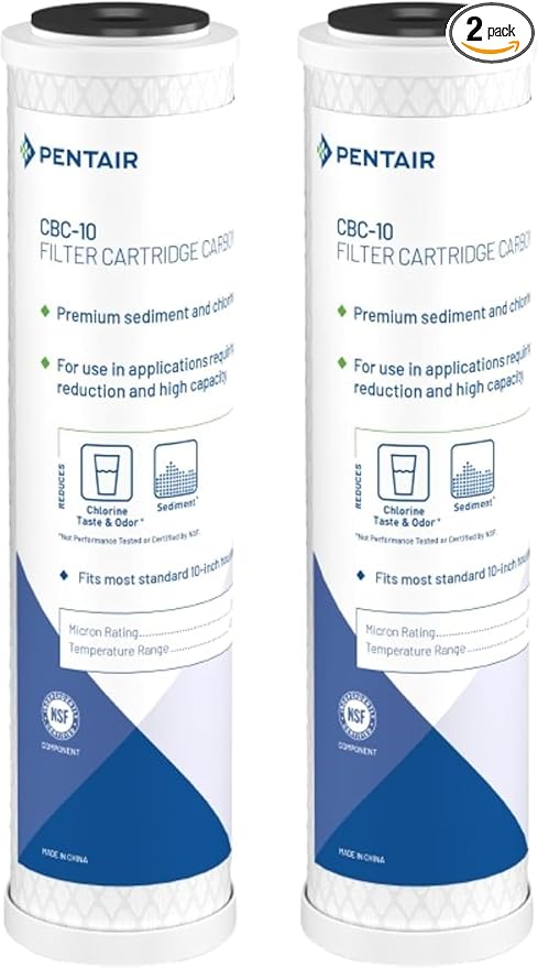 Pentair Pentek CBC-10 Carbon Water Filter, 10-Inch, Under Sink Carbon Block Replacement Cartridge with Bonded Powdered Activated Carbon (PAC) Filter, 10" x 2.5", 0.5 Micron, Pack of 2