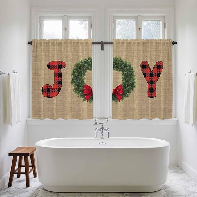 Red Green Christmas Kitchen Curtains 45 Inch Long 2 Panel Set, Rod Pocket Window Treatment, Xmas Botanical Winter Farmhouse Light Filtering Short Curtains & Drapes for Bathroom Laundry 52"W x 45"L