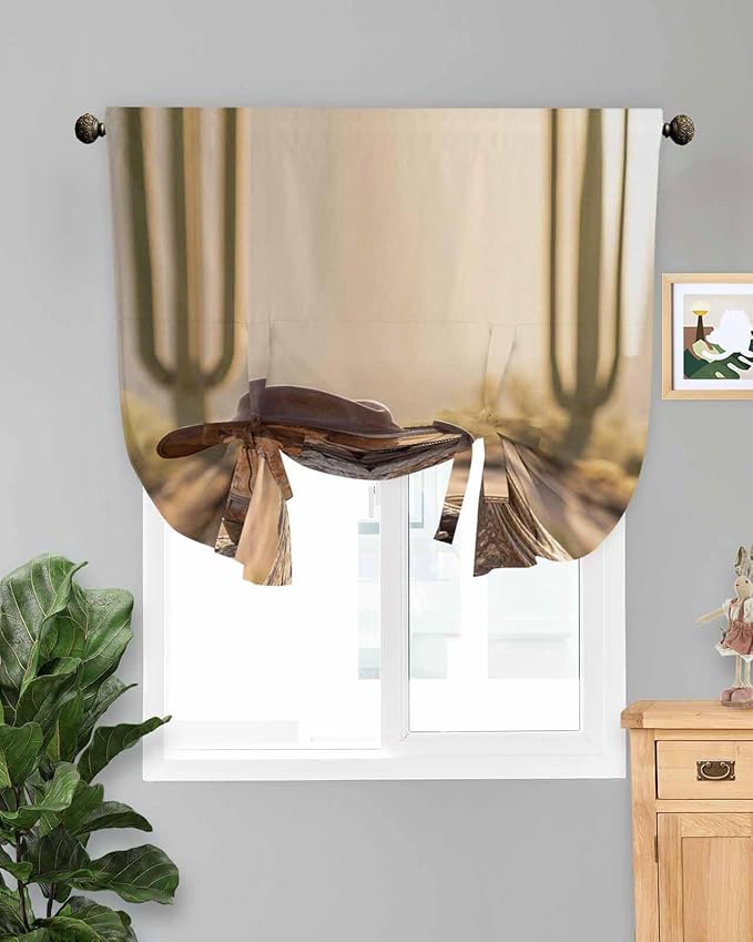 Tie Up Curtains for Windows, Cowboy Western Adjustable Balloon Nature Linen Textured Kitchen Curtain, Cowboy Hats Boots Desert Cacti Vintage Privacy Curtains Balloon Blind for Cafe, 42 x 63 Inches