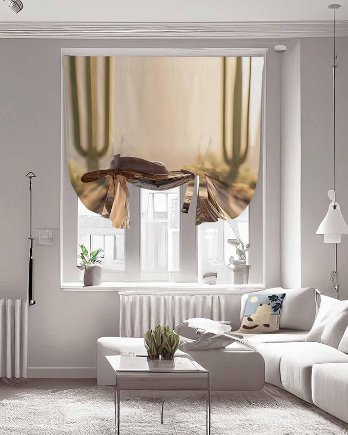 Tie Up Curtains for Windows, Cowboy Western Adjustable Balloon Nature Linen Textured Kitchen Curtain, Cowboy Hats Boots Desert Cacti Vintage Privacy Curtains Balloon Blind for Cafe, 42 x 63 Inches