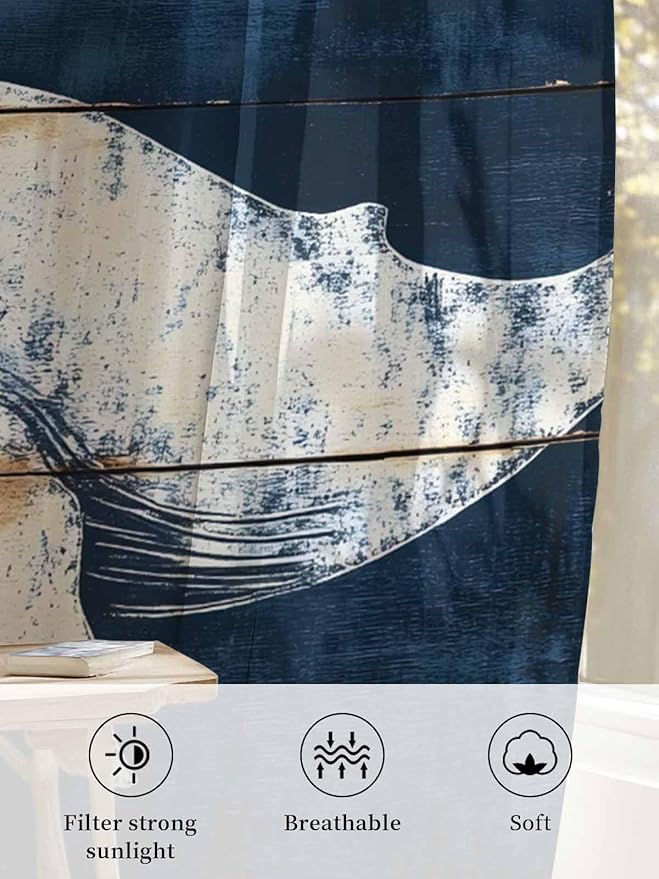 Sheer Curtains 54 Inch Length, Ocean Whale Blue Semi Sheer Curtains Light Filtering Window Treatment, Coastal Vintage Wooden Grain Privacy Voile Drapes for Living Room Bedroom 52x54 Inch