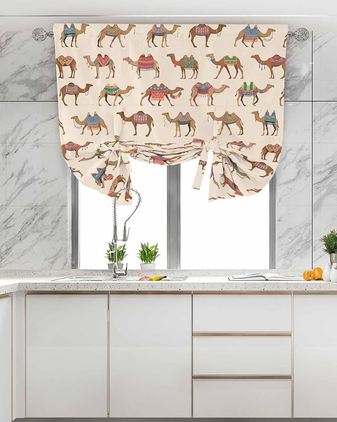 Tie Up Curtains for Windows, Summer Camels Adjustable Balloon Nature Linen Textured Kitchen Curtain, Farmhouse Retro Cartoon Desert Animals Room Darkening Curtains for Glass Door, 42 x 45 in