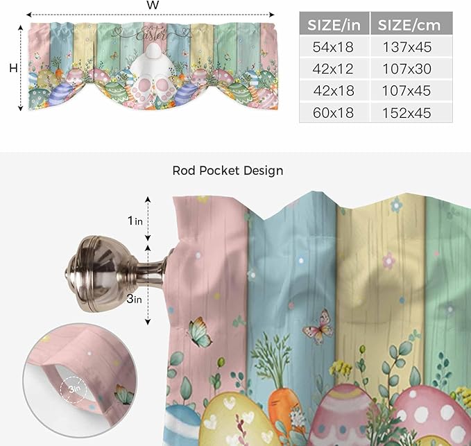 Easter Tie Up Valance Curtains for Windows, Kitchen Curtains Window Shades, Spring Rabbit Ears Foot Eggs Floral Wooden Grain Light Filtering Roman Curtain Valances for Bedroom/Bathroom/Cafe 60"x18"