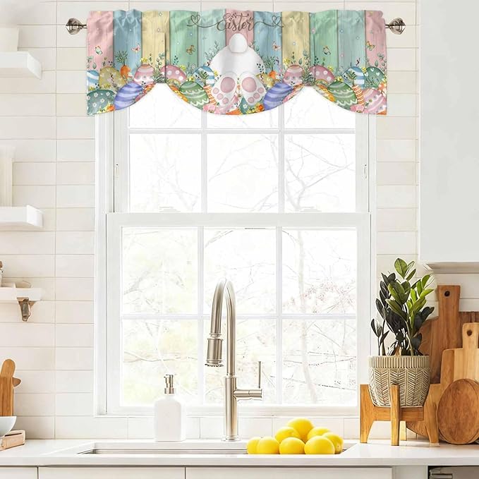 Easter Tie Up Valance Curtains for Windows, Kitchen Curtains Window Shades, Spring Rabbit Ears Foot Eggs Floral Wooden Grain Light Filtering Roman Curtain Valances for Bedroom/Bathroom/Cafe 60"x18"