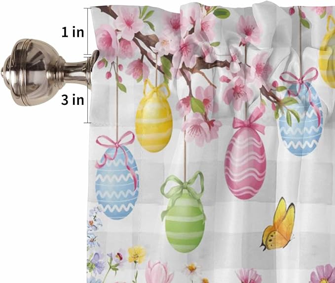 Happy Easter Tier Curtains 45 Inches Long, Spring Watercolor Bunny Eggs Flower Grey Plaid Window Treatment Curtain Drapes, Window Half Privacy Curtains for Bedroom Bathroom, 42"x45", 2 Panels