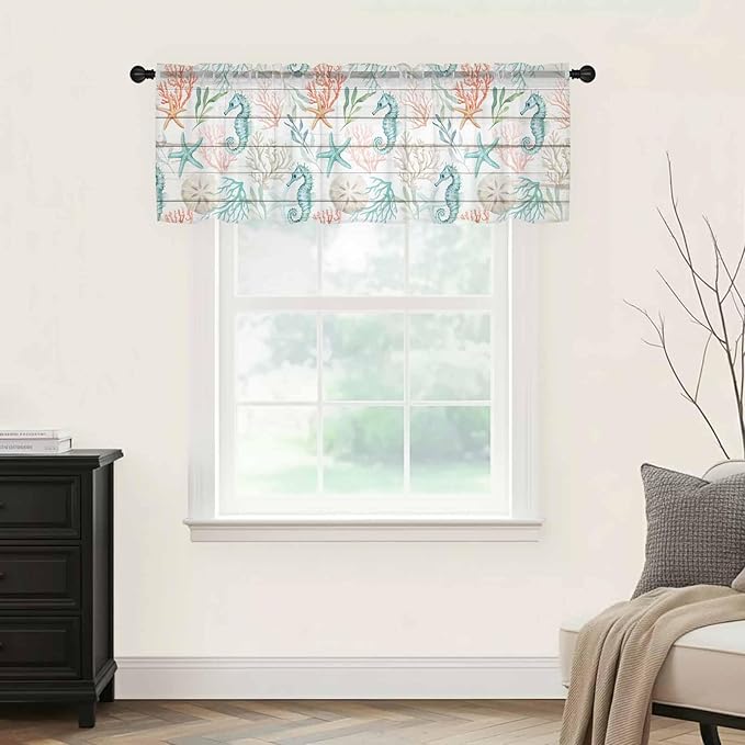 Teal Seahorse Starfish Sheer Valance Curtains, Summer Beach Coral Shell Board Light Filtering Kitchen Valances Rod Pocket Voile Curtain Window Treatment for Bedroom/Living Room/Basement 42Wx18L
