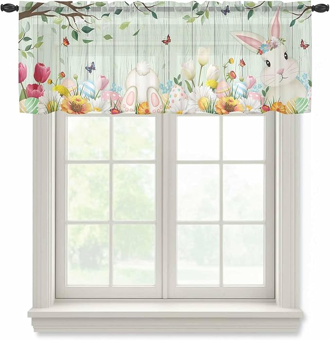 Easter Sheer Valances for Windows 60"x18", Light Filtering Kitchen Curtains Valance, Spring Watercolor Bunny Eggs Tulip Wooden Grain Teal Rod Pocket Chiffon Curtains for Living Room Bedroom Cafe