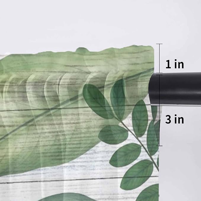 Summer Palm Leaf Sheer Valance Curtains, Green Tropical Plants Nature Leaves Wood Grain Light Filtering Kitchen Valances Rod Pocket Voile Curtain Treatment for Bedroom/Living Room/Basement 60Wx18L