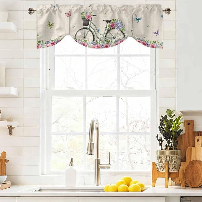 Farmhouse Spring Tie Up Valance Curtains for Windows, Kitchen Curtains Window Shades, Retro Bicycles Flowers Vines Butterfly Light Filtering Roman Curtain Valances for Bedroom/Bathroom/Cafe 60"x18"