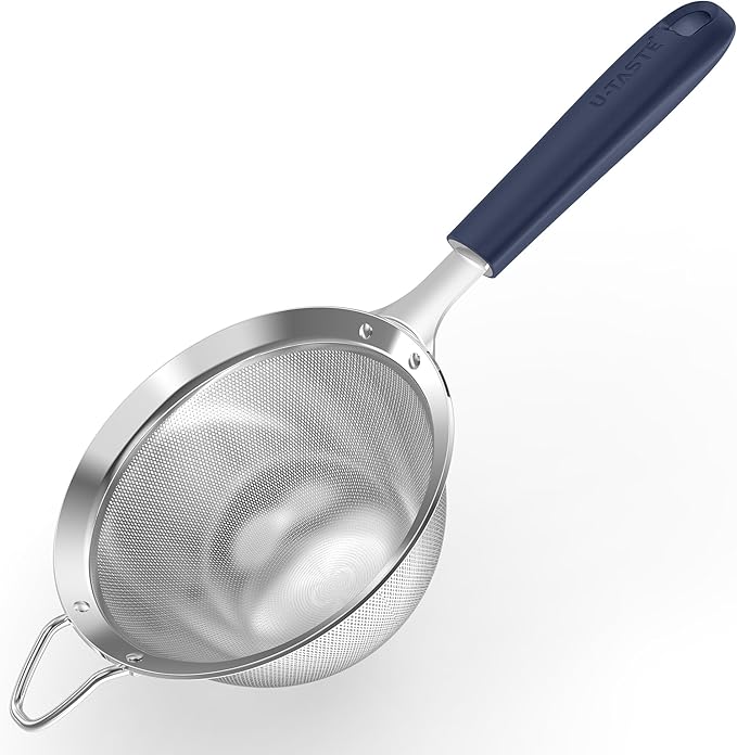 U-Taste Medium Fine Mesh Strainer: 18/8 Stainless Steel 4.73in 30 Mesh Kitchen Food Sieve with Sturdy Riveted Silicone Handle, Heavy Duty Deep Handheld Metal Colander for Rice, Quinoa(Midnight Blue)