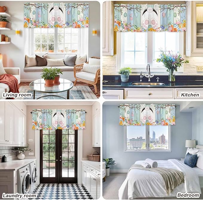 Easter Curtain Valances for Windows, Kitchen Valance Window Treatment, Spring Watercolor Bunny Eggs Wood Grain Teal Blue Light Filtering Block Curtains for Bathroom/Bedroom/Living Room 60'' x 18''