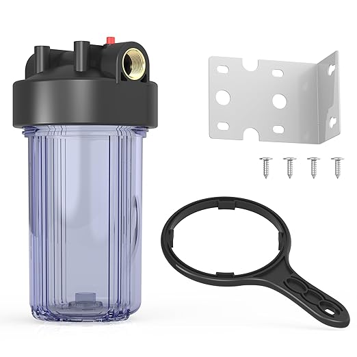 WHT10 Whole House Water Filter Housing, Fit 10"x4.5" Sediment etc Filters for Well and City Water, Big Filter Blue Pre-Filtration System for Home, 1" NPT Port, Pressure Release (Clear Housing)