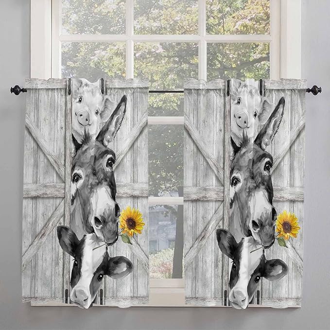 Grey Farmhouse Kitchen Curtains 54 Inches Length, Vintage Sunflowers Animals Printed Window Treatment Curtain Drapes, Decorative Window Curtains for Bedroom Cafe, 52"x54", 2 Panels