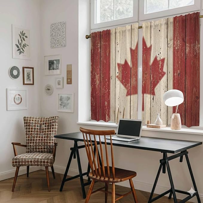Canada Tier Curtains, Red Maple Leaf Flag Vintage Farmhouse Wooden Grain Light Filtering Kitchen Curtains, 2Pcs Rod Pocket Half Window Treatments Panels for Sink Cafe Cabinet Basement 27.5x45 Inches