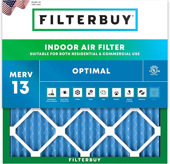 Filterbuy 10x10x1 Air Filter MERV 13 Optimal Smoke & Allergy Defense (1-Pack), Electrostatic Pleated HVAC AC Furnace Filters Replacement, Made in USA (Actual Size: 9.50 x 9.50 x 0.75)