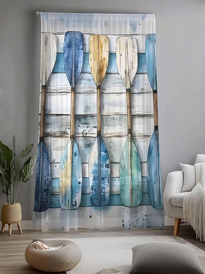 Sheer Curtains 108 Inches Long, Lake Paddle Striped Semi Sheer Curtains Light Filtering Window Treatment, Watercolor Vintage Wood Grain Privacy Voile Drapes for Living Room Bedroom 52x108 Inch