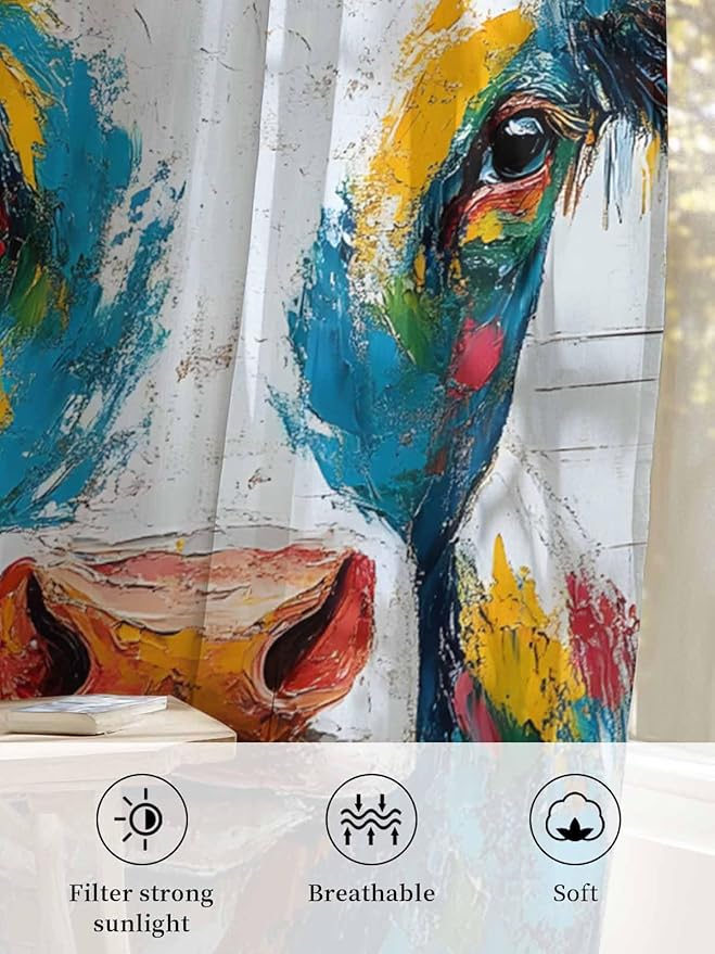 Sheer Curtains 54 Inch Length, Rustic Cow Semi Sheer Curtains Light Filtering Window Treatment, Vintage Colorful Animals Art Wooden Grain Privacy Voile Drapes for Living Room Bedroom 52x54 Inch