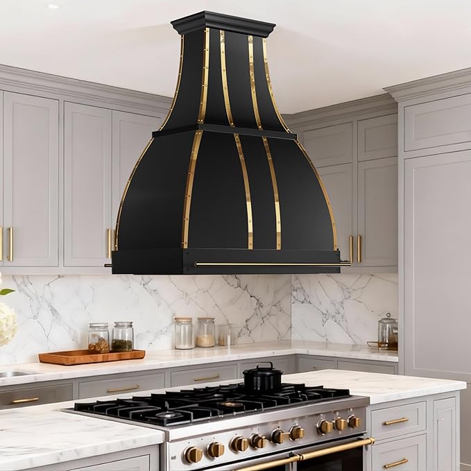 CHETTO C Stainless Steel Range Hood Cover with 4-Speed Vent Hood Insert Custom Handmade Metal Kitchen Fan with Towel Rack LED Light 54"W x27"D x45"H Black Island Mount