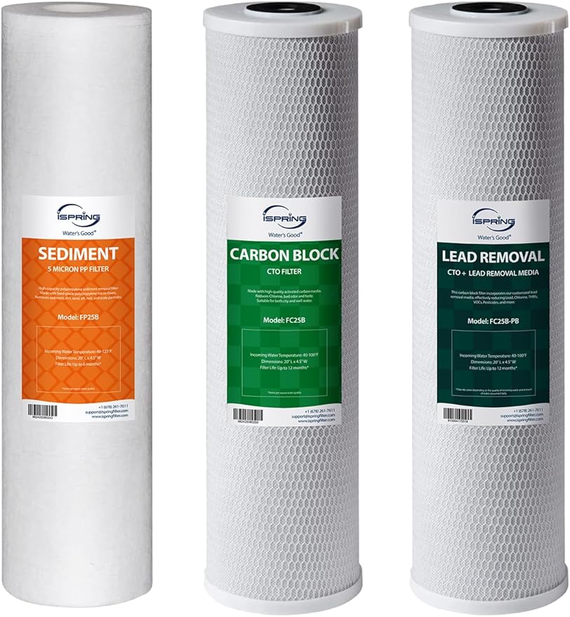 iSpring F3WGB32BCPB 20" x 4.5" Whole House Water Filters for WGB32B Series Water Filter Systems, includes Sediment, Carbon Block, and Lead-Removal Filters