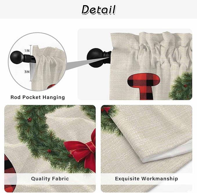 Red Green Christmas Window Curtains 63 Inch Long 2 Panel Set, Rod Pocket Bedroom Curtains & Drapes, Farmhouse Xmas Botanical Winter Light Filtering Window Treatment for Living Room 42"W x 63"L
