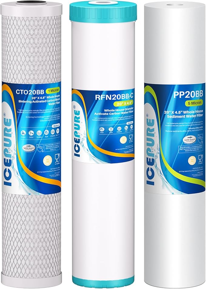 ICEPURE 3-Stage 4.5" x 20" Whole House Water Filter Cartridge Kit, 5 Micron Sediment, GAC, and Activated Carbon Block Filter Raplacement for DB20P, EP20-BB, PACK of 1