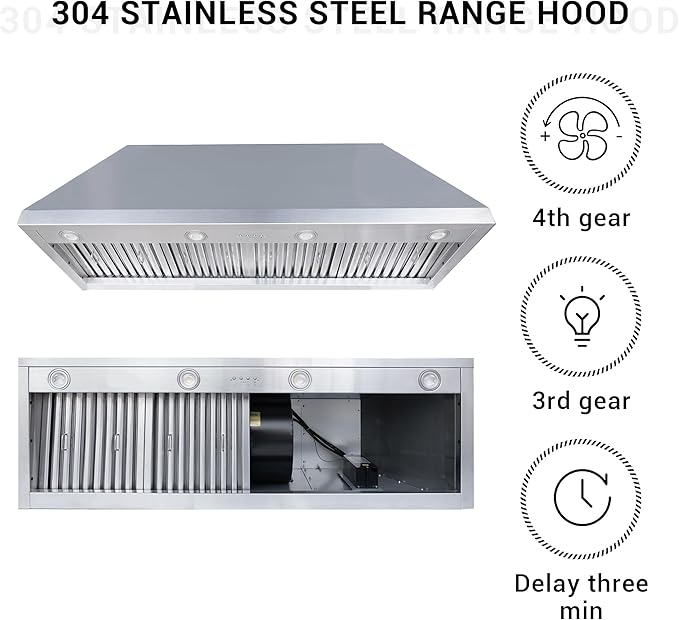 CHETTO C Stainless Steel Range Hood Cover with Quiet Vent Hood Insert Custom Handcrafted Metal Kitchen Fan with Towel Rack LED Light 54"W x27"D x60"H Brushed Stainless Steel Island Mount