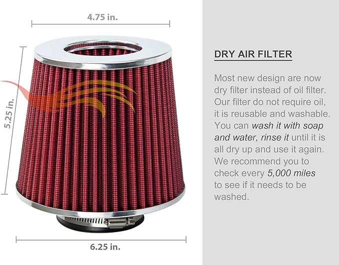 RED 3.5" 89 mm Inlet Narrow Air Cone Replacement Performance Washable Clamp-On Dry Air Filter